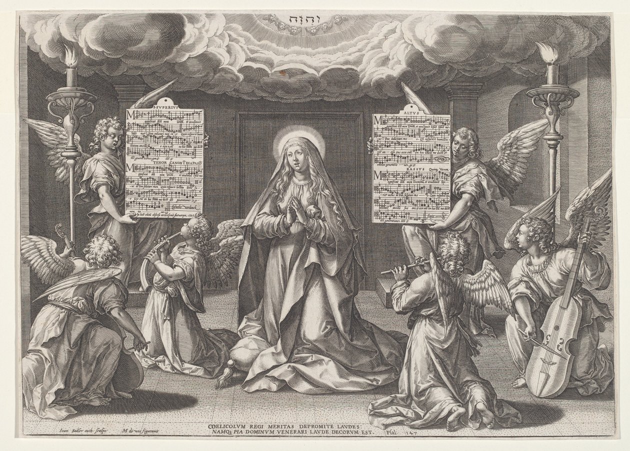 Magnificat: Die Jungfrau umgeben von musizierenden Engeln von Jan Sadeler I, after Maarten de Vos