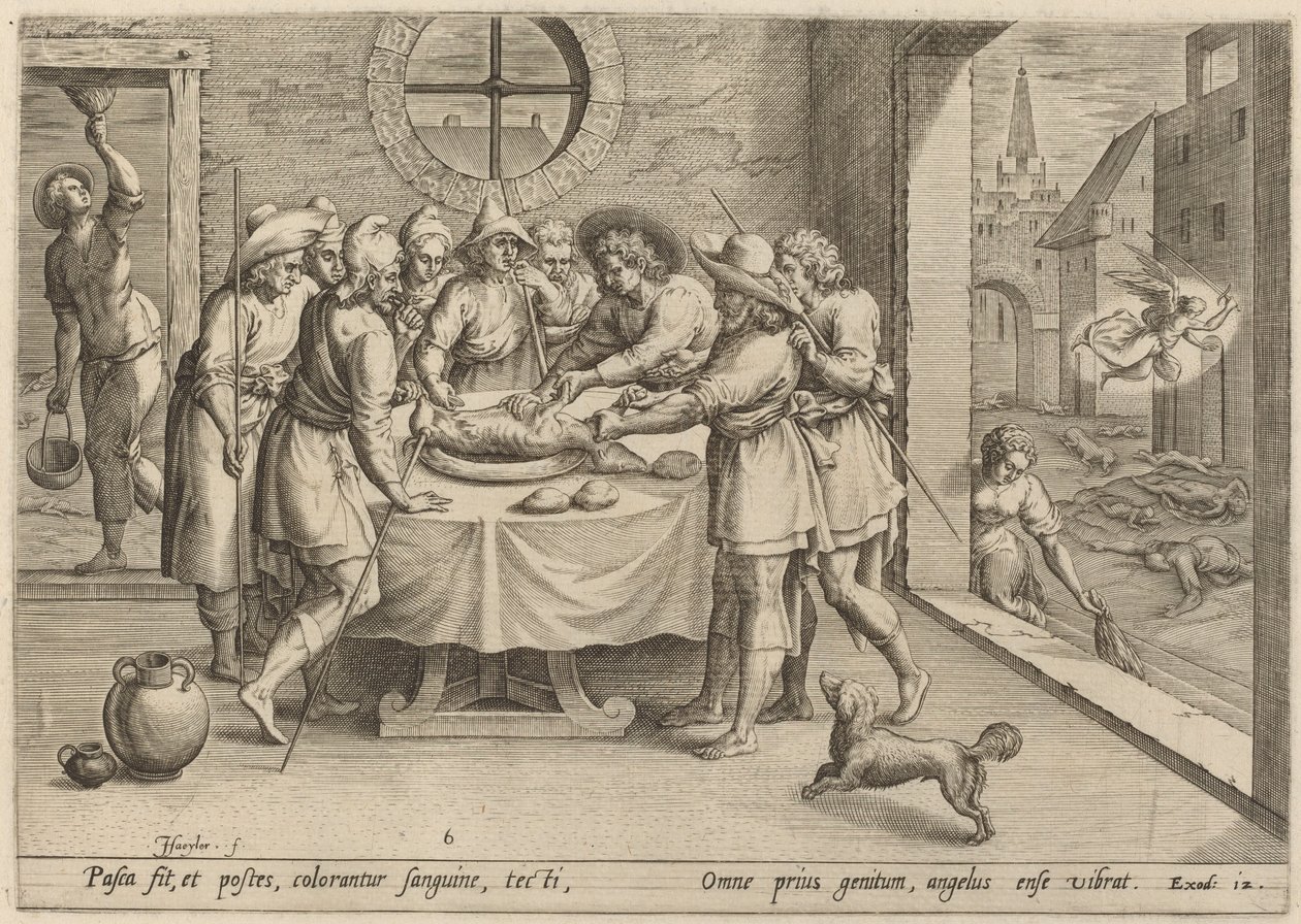 Vorbereitung auf das Passahfest von Jan Sadeler I, after Maarten van Cleef