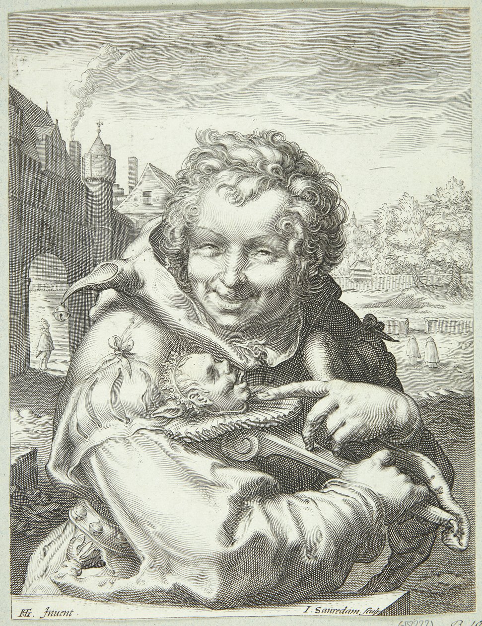 Lächelnder Narr mit einer Marotte von Jan Saenredam