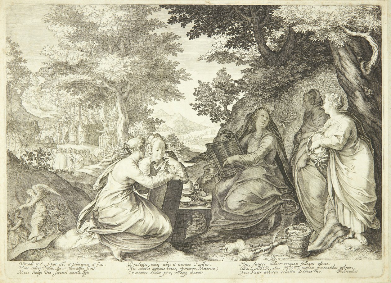 Die klugen Jungfrauen versammelt in einer Landschaft, im Hintergrund Johannes der Täufer, der predigt von Jan Saenredam
