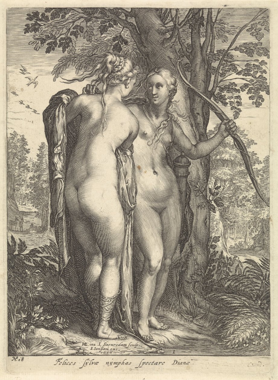 Diana und eine Nymphe vor einem Baum von Jan Saenredam