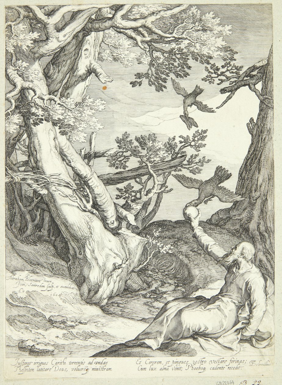 Elia wird von Raben in der Wildnis gefüttert von Jan Saenredam