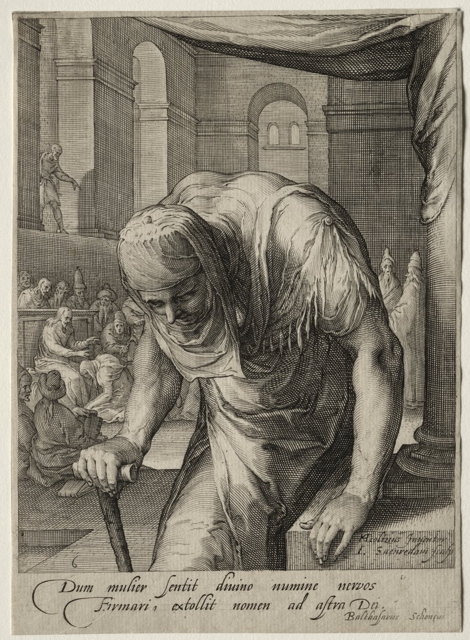 Heldinnen des Neuen Testaments: Die von Christus geheilte verkrüppelte Frau von Jan Saenredam
