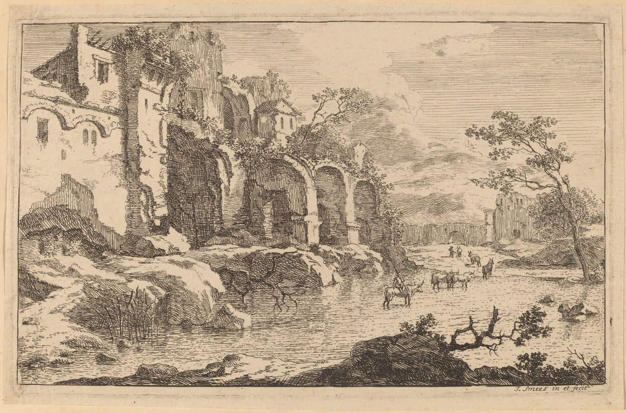Gebäude in Ruinen am Flussufer von Jan Smees