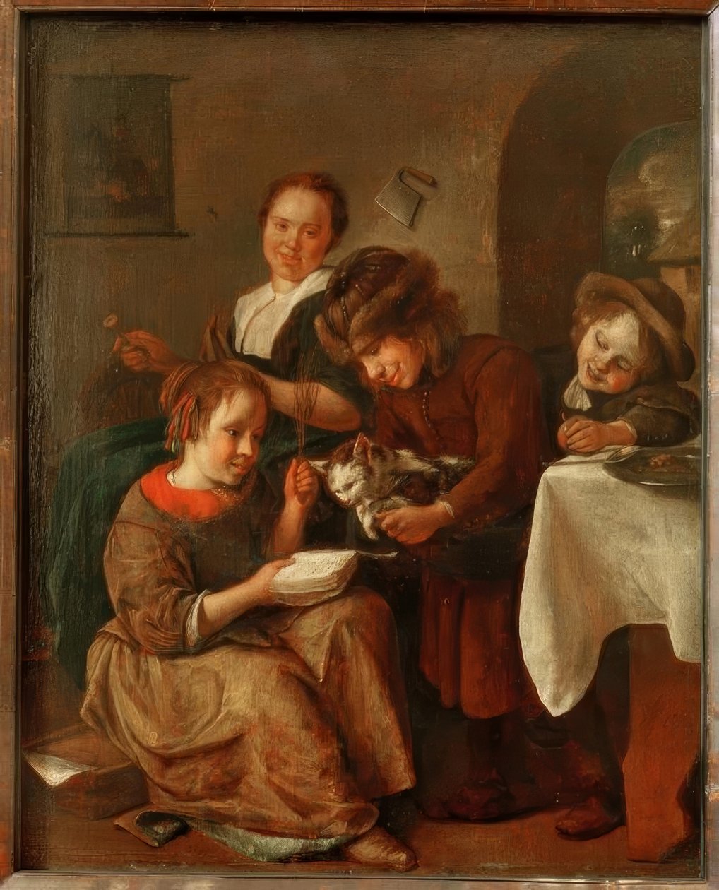 Kinder bringen einer Katze das Lesen bei von Jan Havickszoon Steen