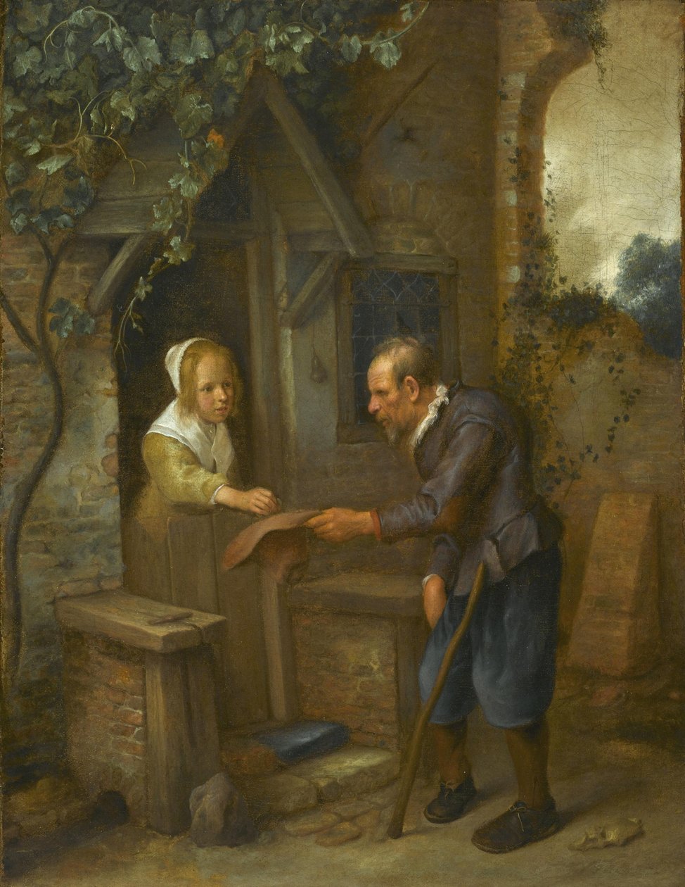 Junges Mädchen gibt einem alten Mann Almosen von Jan Steen