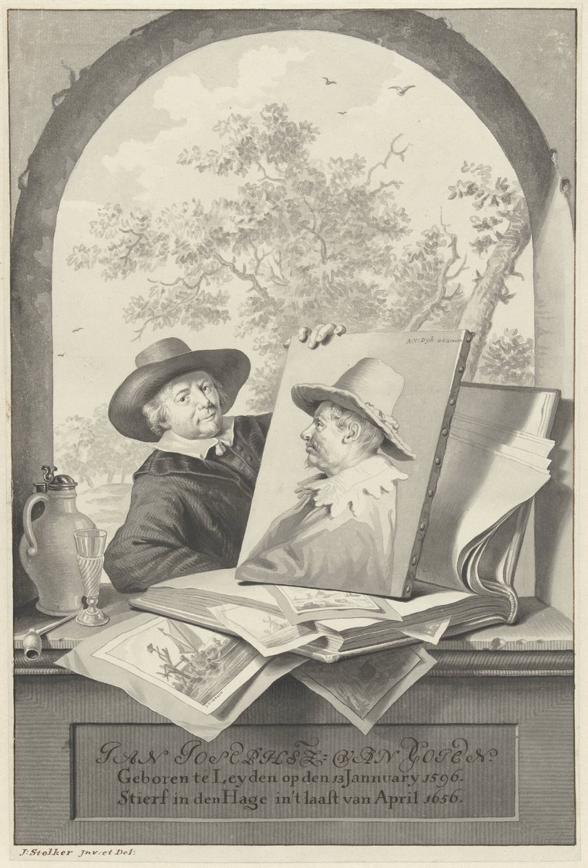 Mann mit einer Mappe mit Zeichnungen und einem Porträt von Jan van Goyen von Jan Stolker