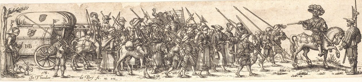 Truppe von Soldaten, vorne ein Offizier zu Pferd von Jan Theodor de Bry