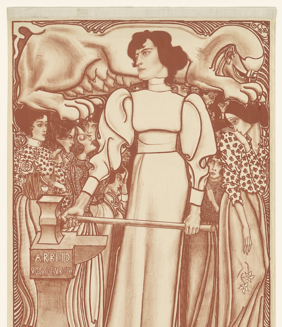 Arbeit für die Frau. Lose der Nationalen Ausstellung der Frauenarbeit zu 50 Cent auf dem Gelände und in den Depots erhältlich. Erster Preis ein Juwelenschmuck im Wert von 1000,- Gulden von Jan Toorop