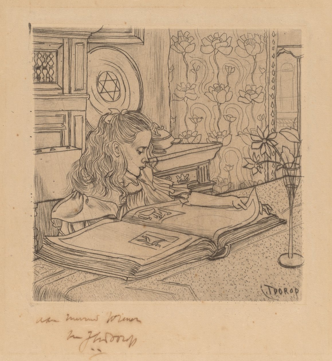 Charley betrachtet ein Album mit Drucken von Jan Toorop