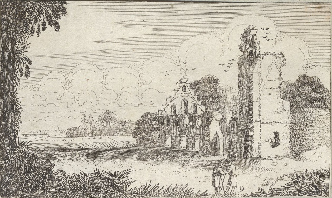 Landschaft mit einer Kirche in Ruinen und zwei Hirten im Gespräch von Jan Van de Velde
