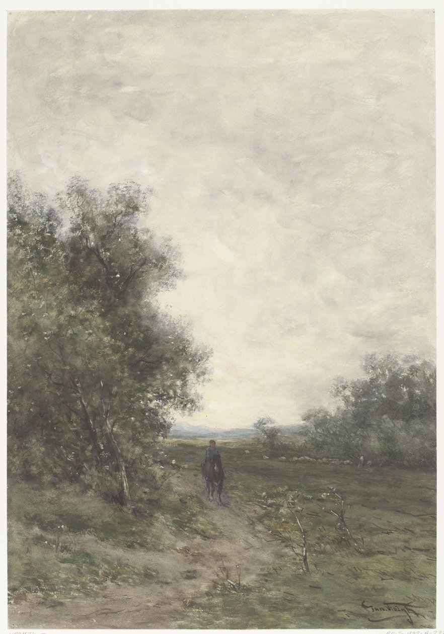 Landschaft mit einem Reiter und einer Schafherde mit Hirten von Johannes Martinus Vrolijk