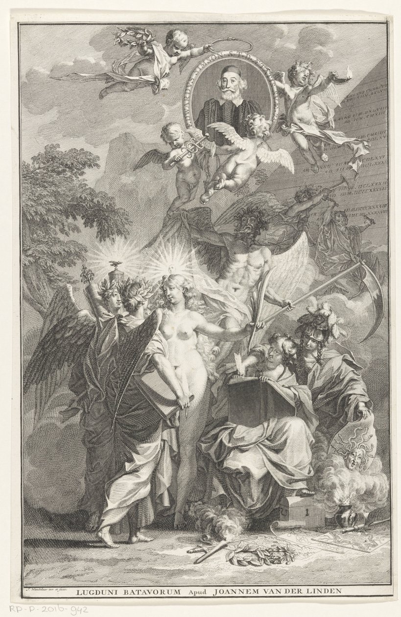 Allegorische Titelseite mit dem Porträt des Schriftstellers Edward Simson von Jan Wandelaar