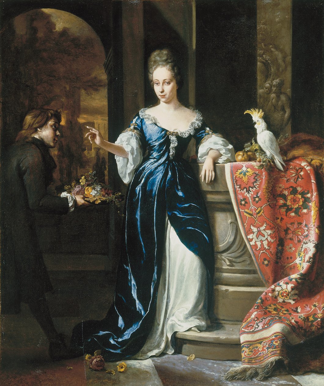 Porträt von Lodewina Schey in einem blauen Kleid, mit einem Begleiter, der Blumen trägt von Jan Baptist Weenix