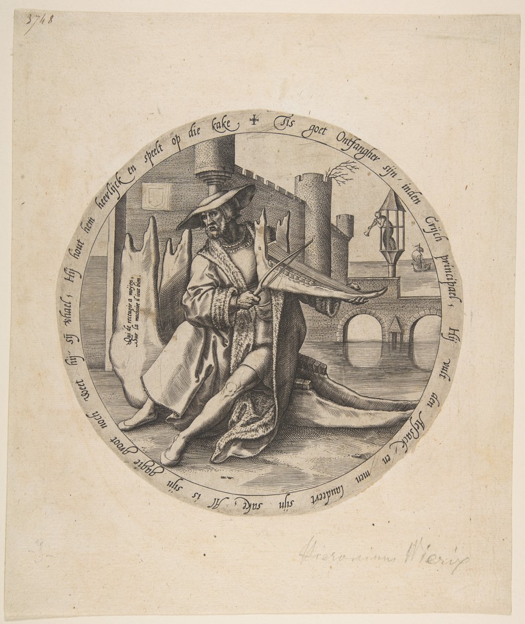 Der reiche Mann spielt Geige auf einem Kieferknochen, ca. 1568 von Jan Wierix