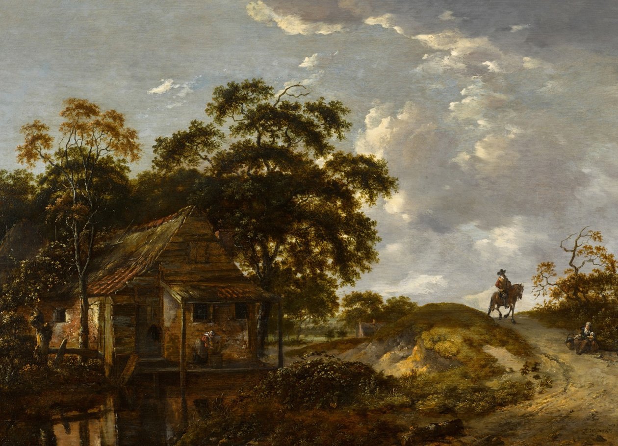 Landschaft mit einem Cottage an einem Fluss und einer Frau, die einen Topf scheuert, ein Herr zu Pferd auf einem Pfad von Jan Wijnants
