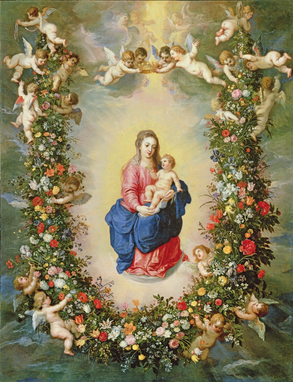 Die Jungfrau und das Kind, umgeben von einem Blumenkranz, gehalten von Engeln, ca. 1624 von Jan and Balen, Hendrik van Brueghel