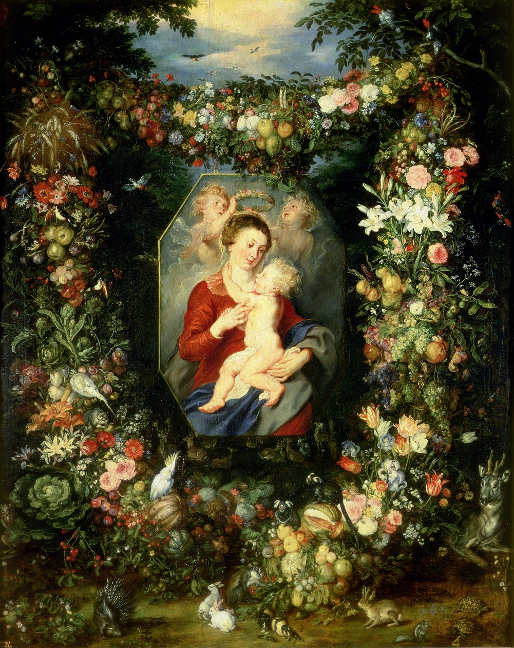 Die Jungfrau und das Kind in einem Kranz aus Früchten und Blumen, ca. 1614-18 von Jan and Rubens, P.P. Brueghel
