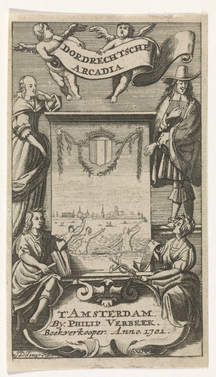 Vier Figuren umrahmen ein Bild von Dordrecht von Jan de Jonge