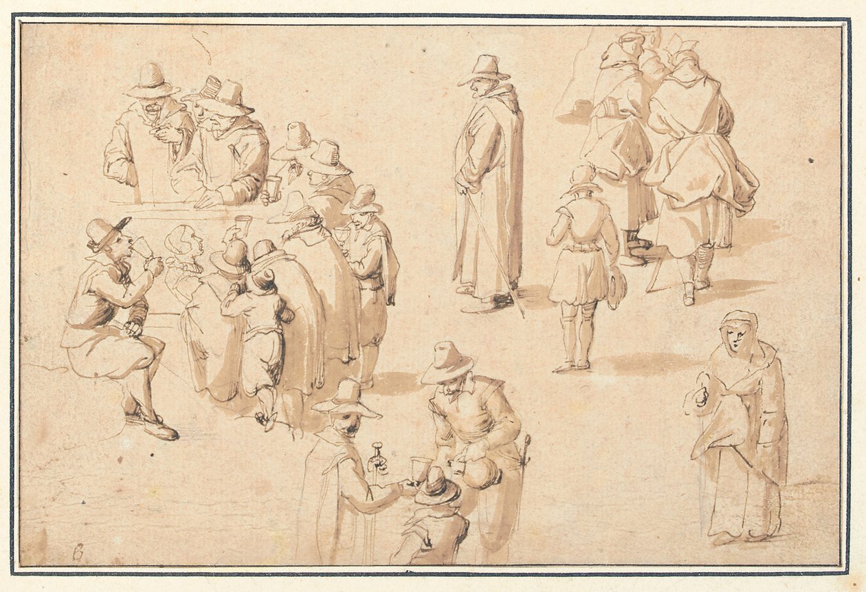 Ein Brunnen in Spa mit Studien eleganter Figuren, die das Wasser nehmen, und von zwei Mönchen und einem Priester von Jan the Elder Brueghel