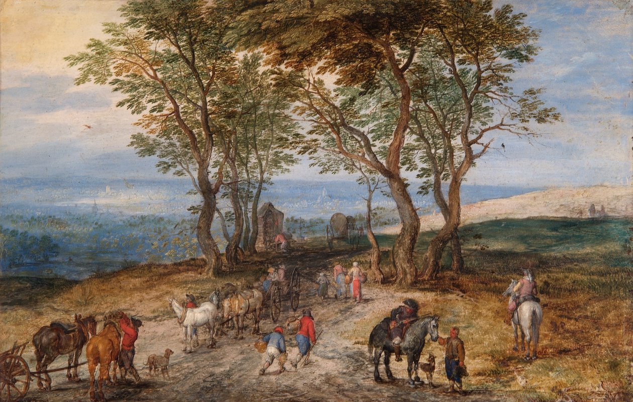 Landschaftsszene mit Figuren: Ein Mann betet an einem Schrein, ca. 1610 von Jan the Elder Brueghel