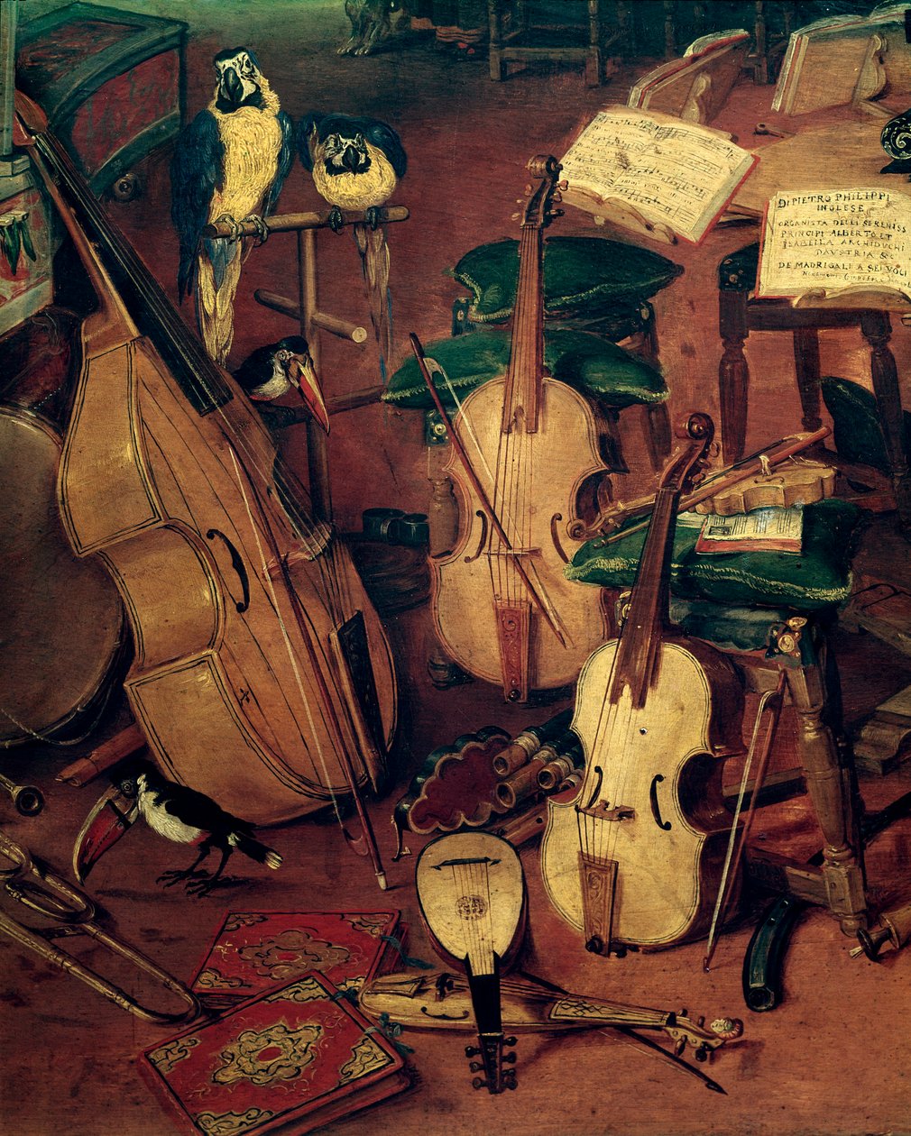 Saiten und Papageien, Detail der Allegorie der fünf Sinne von Jan the Elder Brueghel