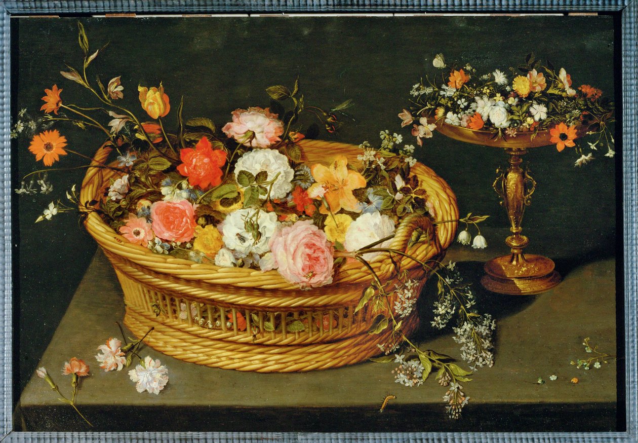 Ein Korb mit Blumen und ein vergoldeter Silberbecher von Jan the Younger Brueghel