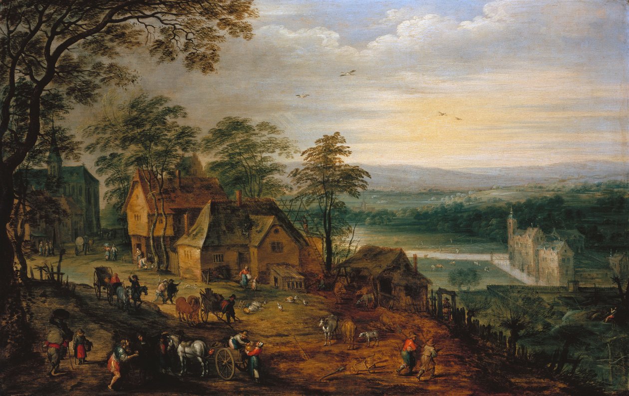 Dorfstraße mit Figuren und Karren, eine Wasserburg im Hintergrund von Jan Brueghel the Younger