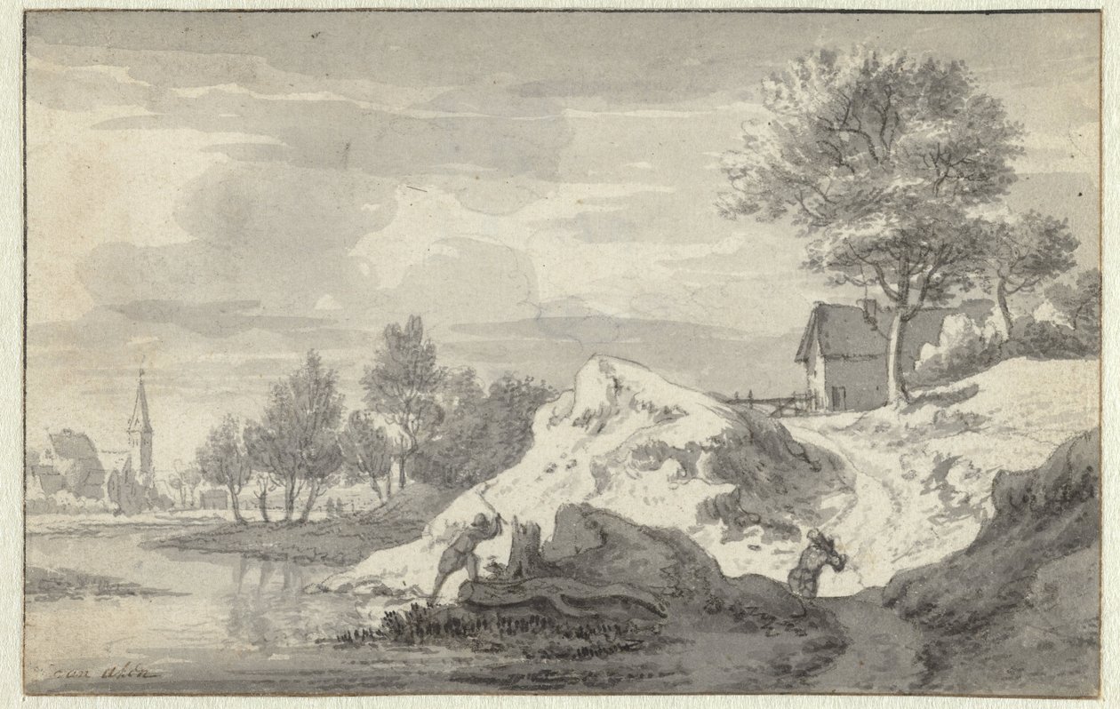Landschaft mit Figuren, die Holz am Ufer eines Flusses hacken von Jan van Aken