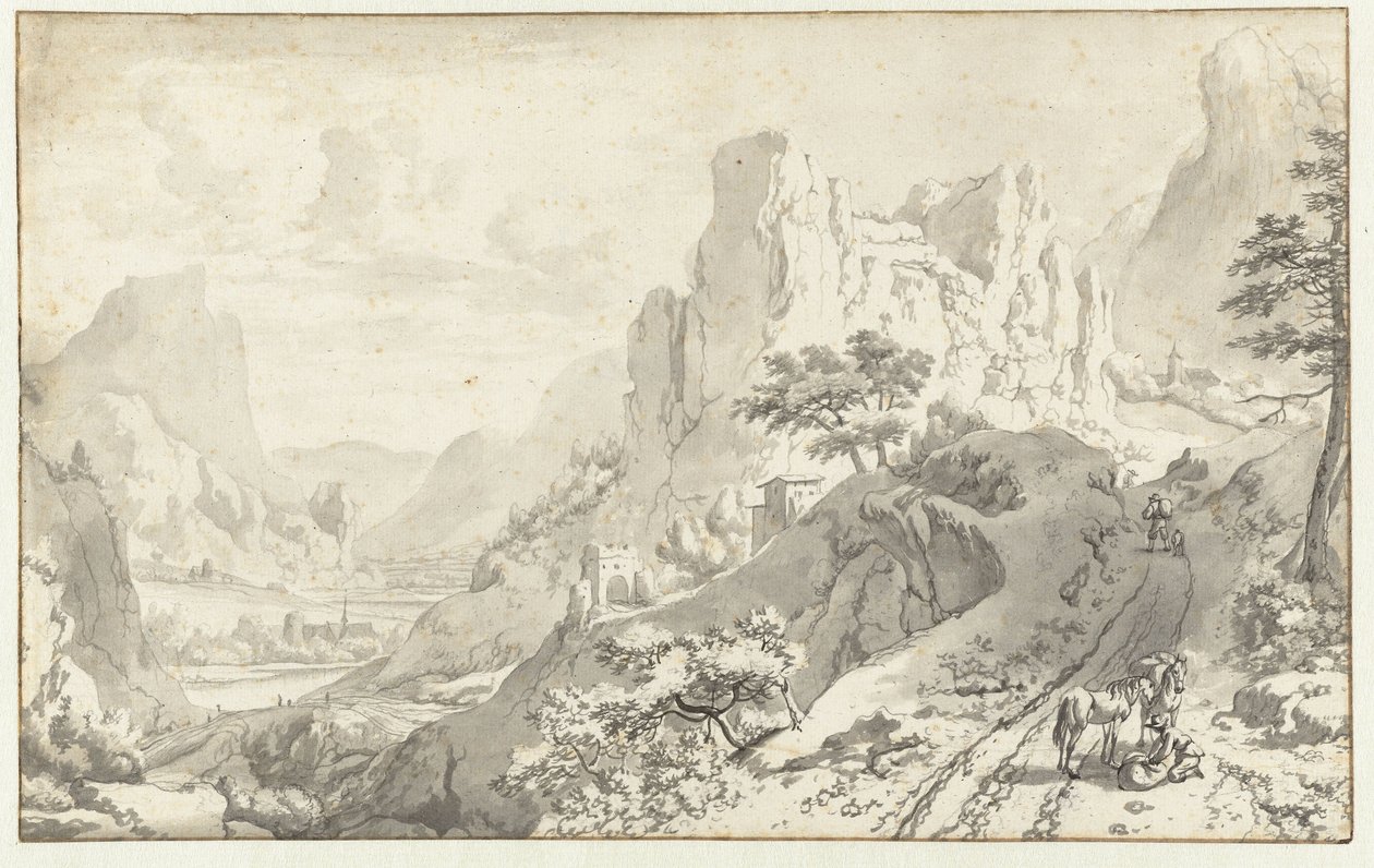 Berglandschaft mit Reisenden auf einer Straße von Jan van Aken