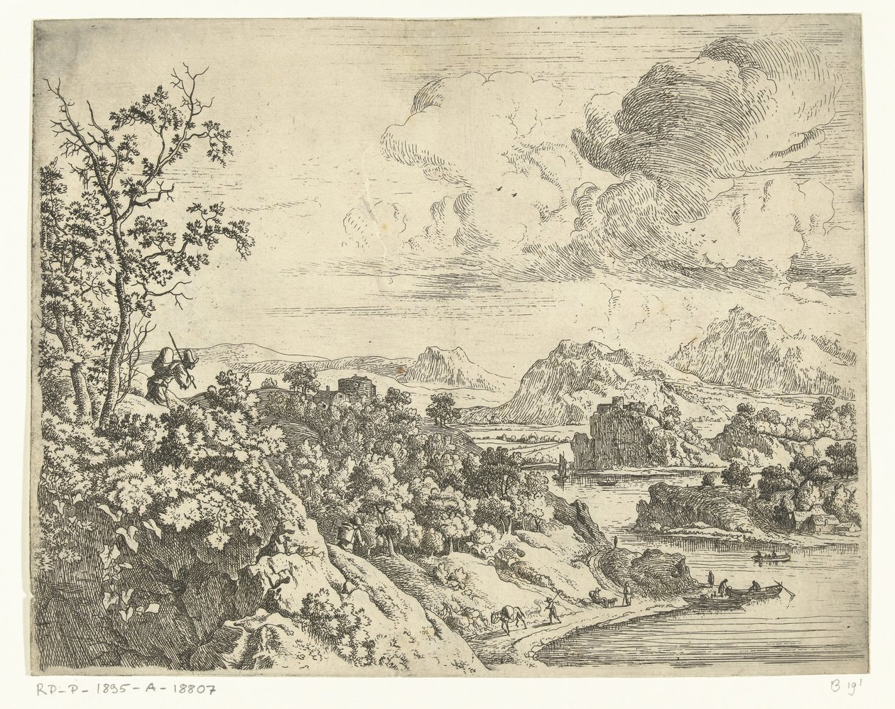 Flusslandschaft mit Mann mit Paket auf dem Rücken von Jan van Aken