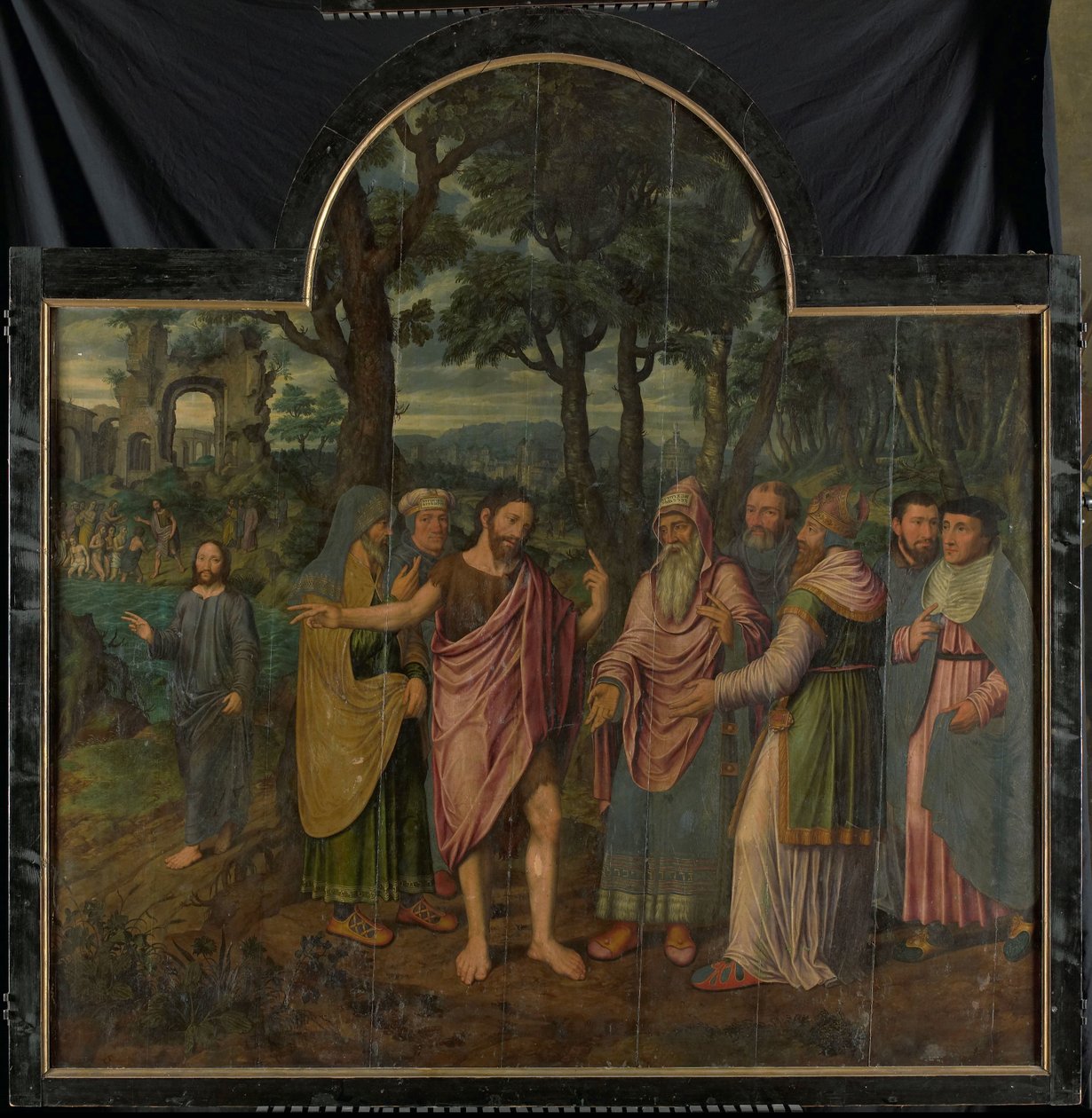 Johannes der Täufer ermahnt die Pharisäer, Mittelteil eines Triptychons von Jan van Coninxloo (II)