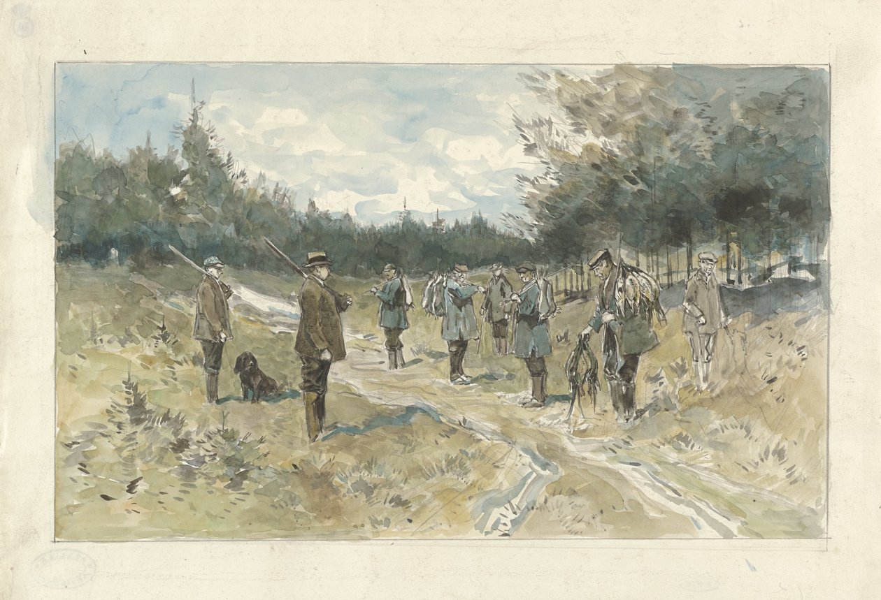 Landschaft mit Gruppe von Jägern nach der Jagd auf der Leusderhei von Jan van Essen