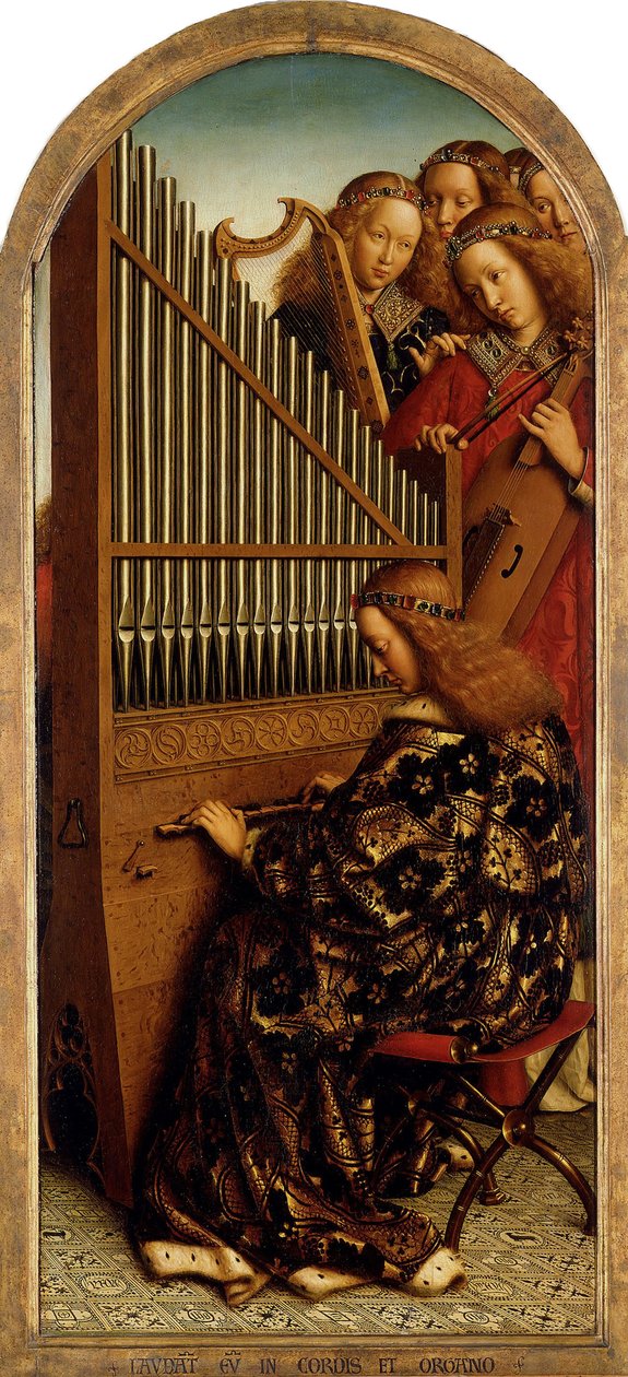 Der Genter Altar. Anbetung des mystischen Lammes: Musizierende Engel, 1432 von Jan van Eyck