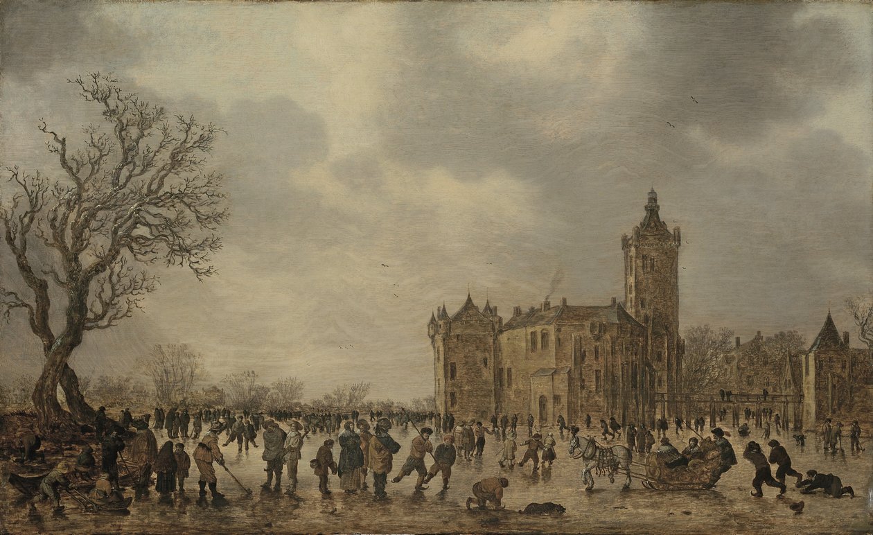 Winterlandschaft mit Figuren auf dem Eis bei Schloss Montfoort von Jan van Goyen