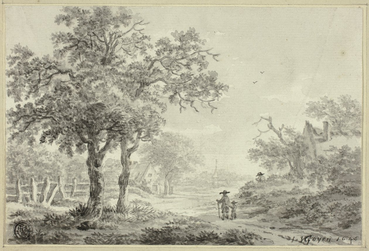 Mann und Junge gehen die Dorfstraße entlang von Jan van Goyen