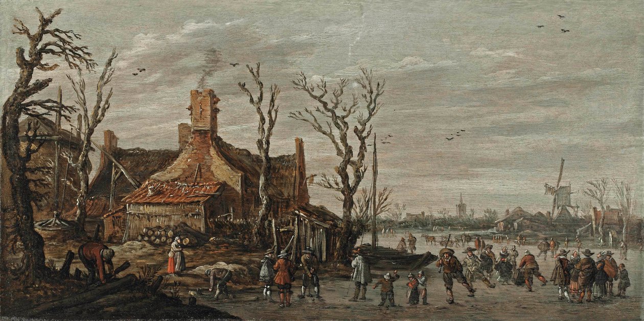Winterlandschaft mit Figuren auf dem Eis bei einer Hütte von Jan van Goyen