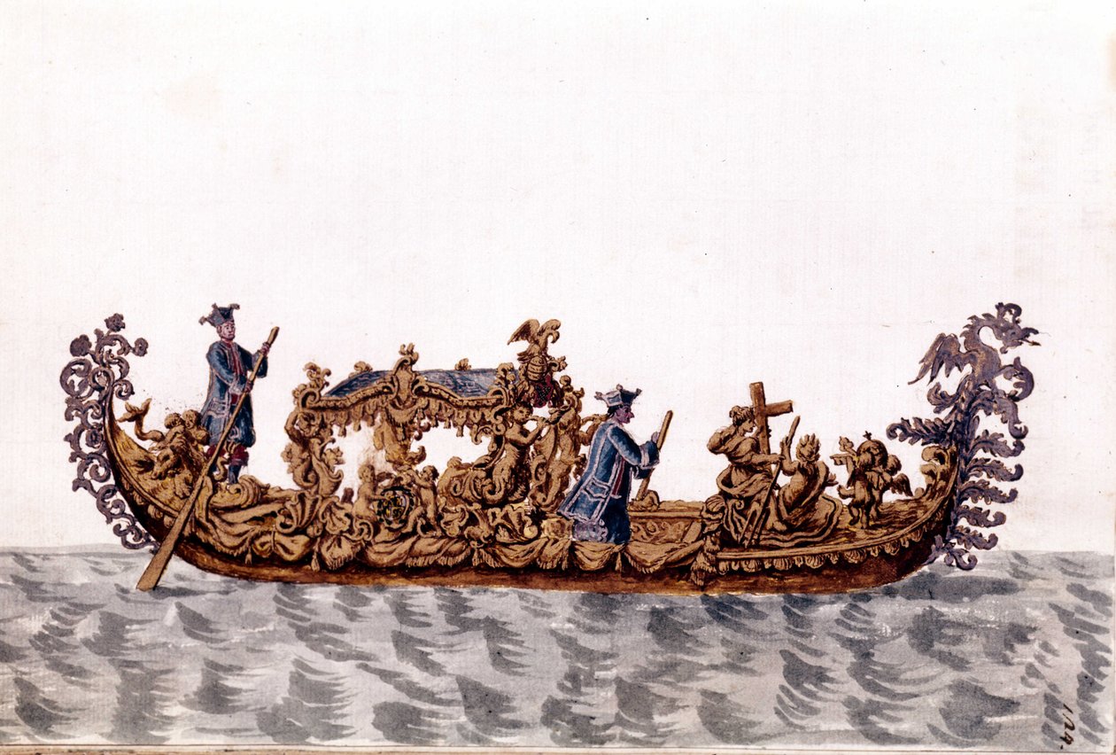 Eine königliche Gondel. Aquarellzeichnung und Tinte aus dem Manuskript „Sitten der Venezianer“ von Jan van Grevenbroeck (oder Giovanni Grevembroch) (1731-1807) von Jan van Grevenbroeck