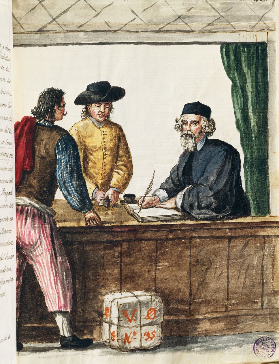 Vornehmer Kaufmann, Illustration aus dem illustrierten Buch der venezianischen Kostüme von Jan van Grevenbroeck