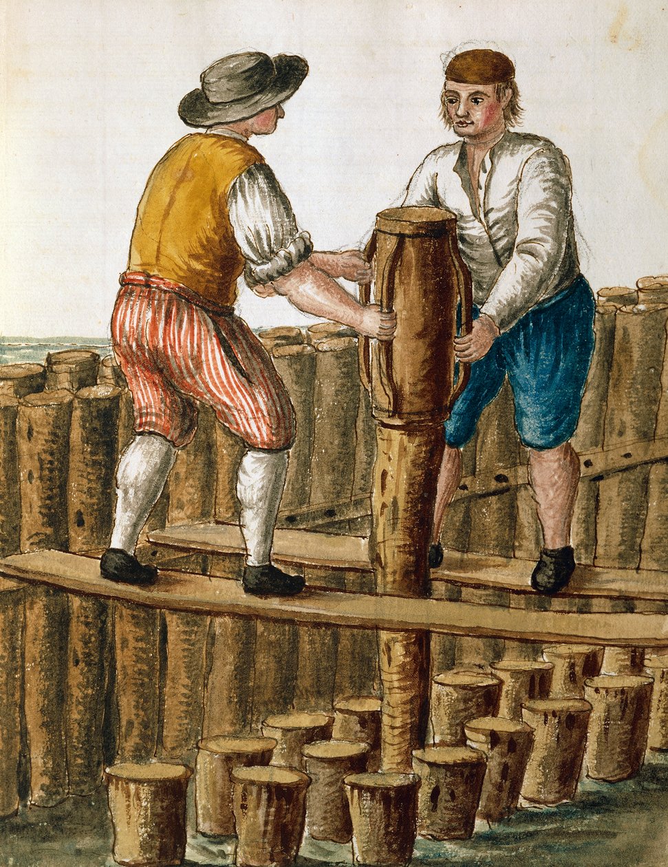 Grundsteinlegung der venezianischen Lagune, Illustration aus dem Manuskript Dress of Venetians von Jan van Grevenbroeck