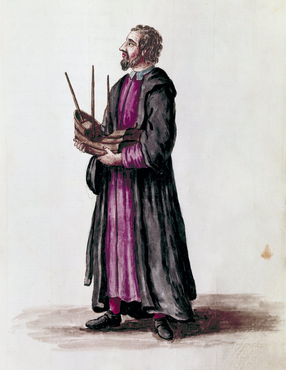 Darstellung eines Schiffbauers, er hält in seinen Händen das Miniaturmodell des Schiffes, das er gebaut hat (Detail). Aquarellzeichnung und Tinte aus dem Manuskript „Sitten der Venezianer“ von Jan van Grevenbroeck (oder Giovanni Grevembroch) (1731-1807) von Jan van Grevenbroeck