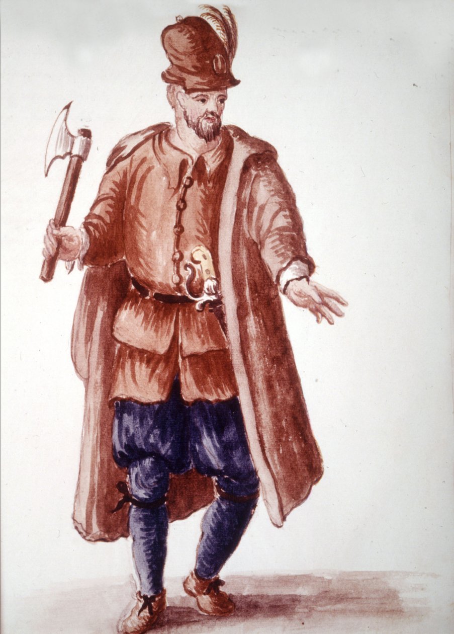 Scapolo di galéa: Bezahlter Ruderer auf den Galeeren im 18. Jahrhundert. Aquarellzeichnung und Tinte aus dem Manuskript „Sitten der Venezianer“ von Jan van Grevenbroeck (oder Giovanni Grevembroch (Grevenbroch) (1731-1807) von Jan van Grevenbroeck