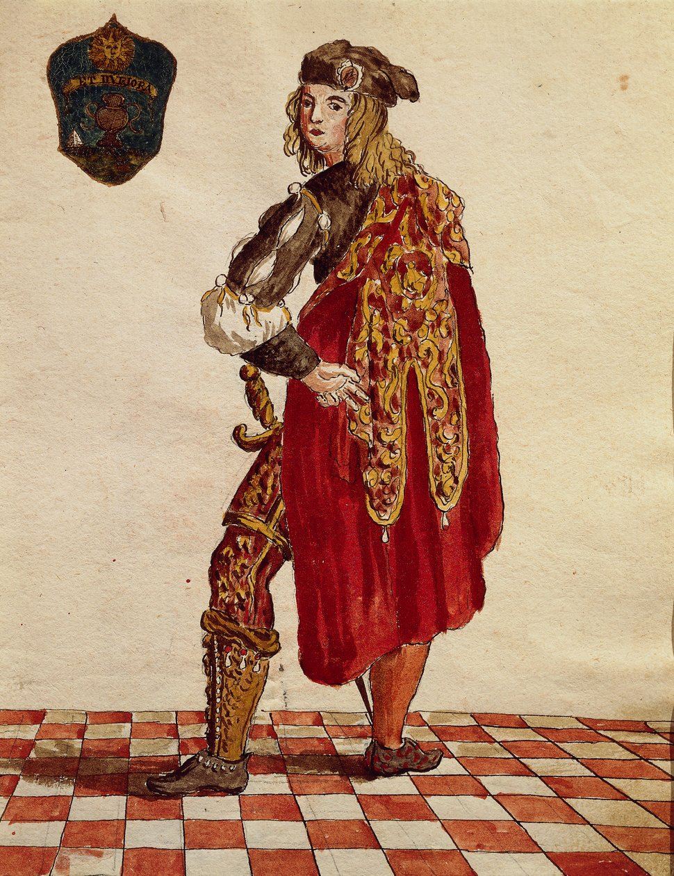 Ritteranzug der Bruderschaft de la Calza (Stocking) im Jahr 1564, aus Gli Abiti de Veneziani, illustriertes Kostümbuch von Jan van Grevenbroeck