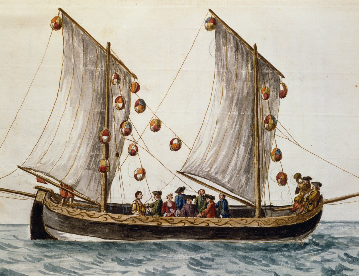 Venezianisches Boot geschmückt für das Fest des Erlösers, von Jan Grevenbroeck, Aquarell, Italien von Jan van Grevenbroeck