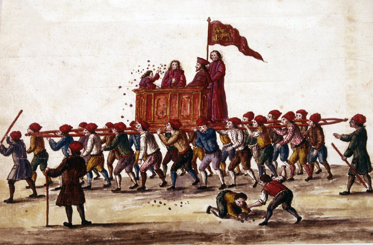 Venezianische Feste. Der gerade gewählte Prinz wird von den Arsenalarbeitern triumphierend zum Markusplatz getragen. Während des Kurses wirft er Münzen auf die Menge. Aquarellzeichnung und Tinte aus dem Manuskript „Bräuche der Venezianer“ von Jan van Grevenbroeck
