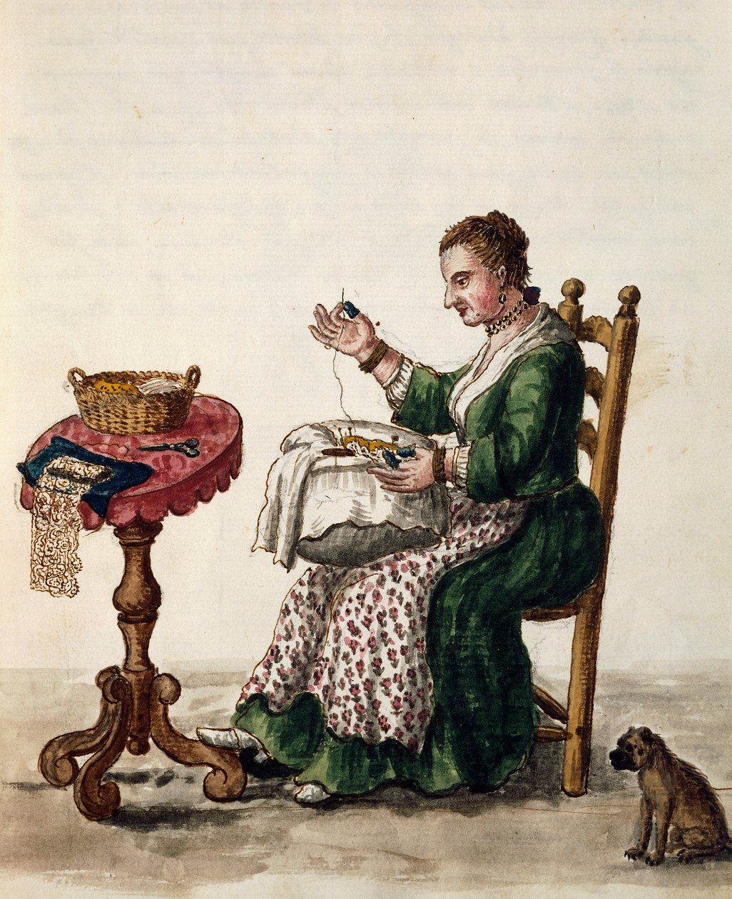 Frau, die Punto in Aria Nadelspitze macht, ca. 1754, Illustration aus dem illustrierten Buch der venezianischen Kostüme, Band III von Jan van Grevenbroeck