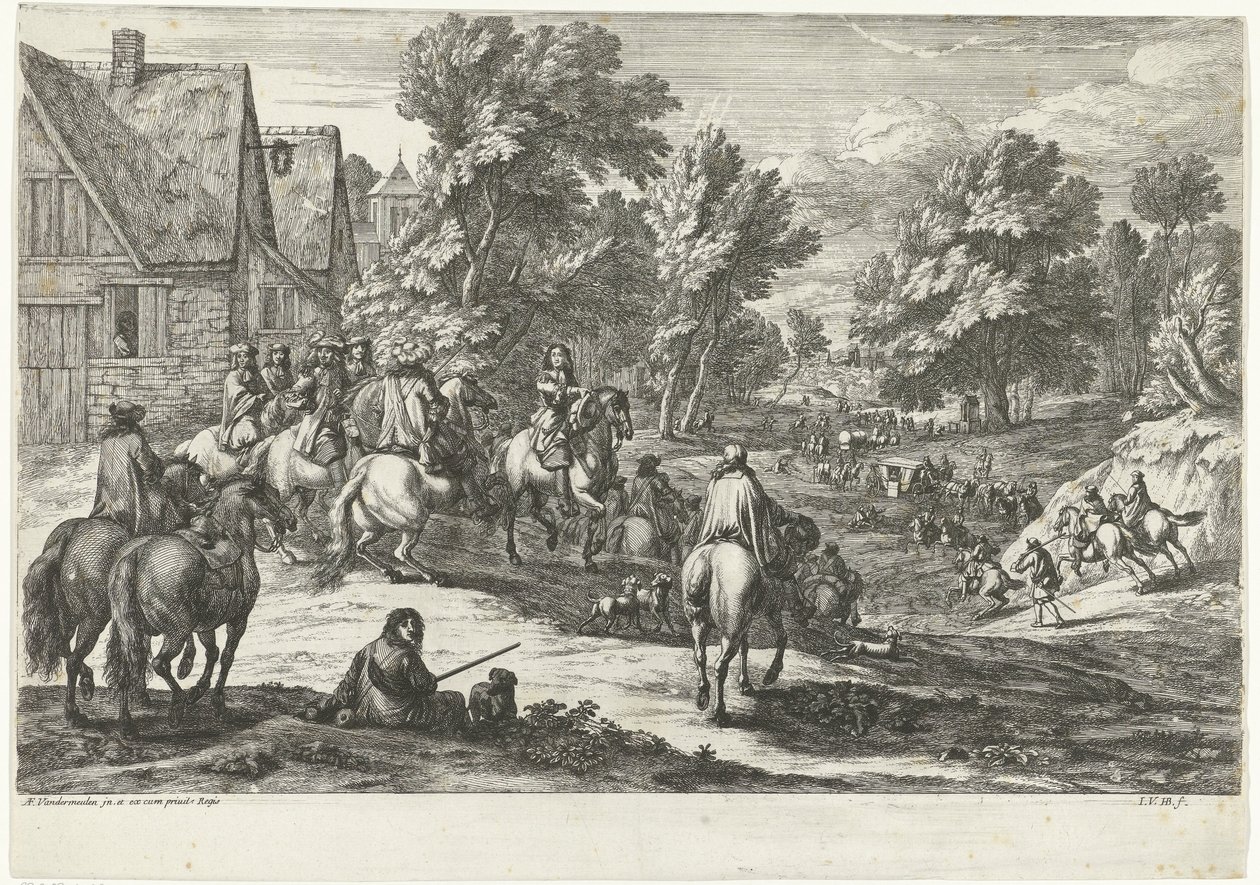 Ansicht eines Dorfes mit Reitern im Vordergrund von Jan van Huchtenburg
