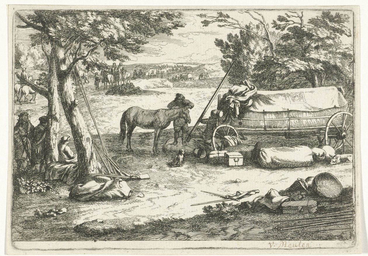 Landschaft mit Karren und Figuren von Jan van Huchtenburg
