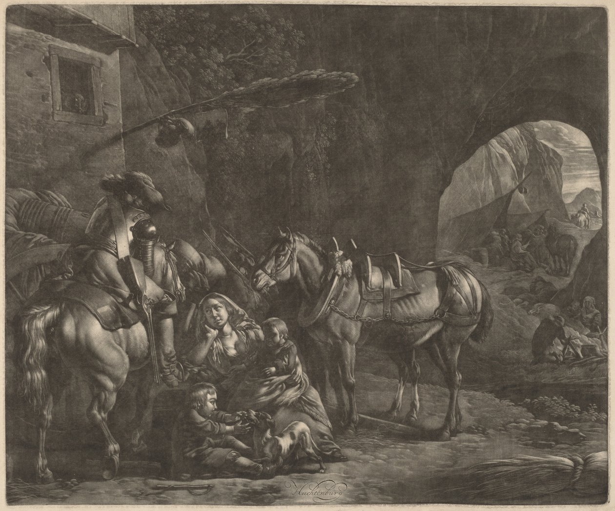 Mutter mit zwei Kindern und einem Pferd vor einem Gasthaus von Jan van Huchtenburgh