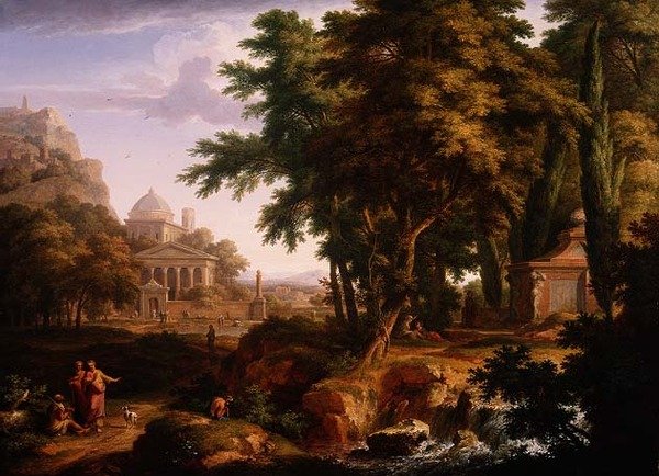 Arkadische Landschaft mit St. Peter und St. Johannes, die den Gelähmten heilen von Jan van Huysum